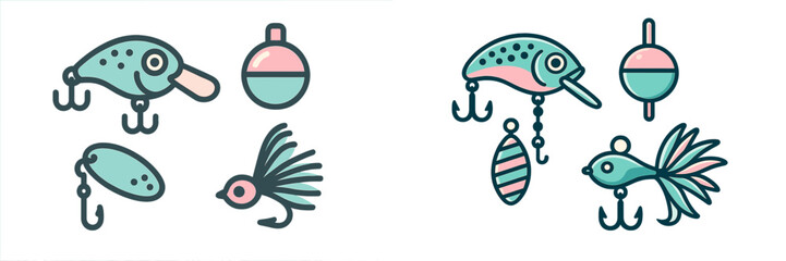 Vibrant collection of fishing lures, bobbers, and various tackle for recreational angling and sport fishing activities