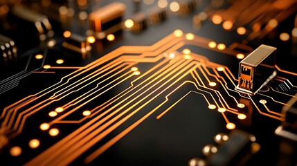 Detailed orange circuit paths over black surface photographed with DSLR 70mm lens, precise focus across pattern, balanced ambient illumination