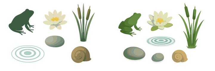 Collection of pond life elements including frogs, water lilies, cattails, stones, snails, and water ripples