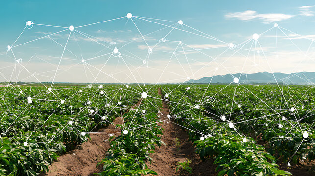 Agricultural field with digital network overlay representing smart farming technology
