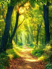 Obraz premium Photo of a sunlit forest path surrounded by tall trees and lush greenery