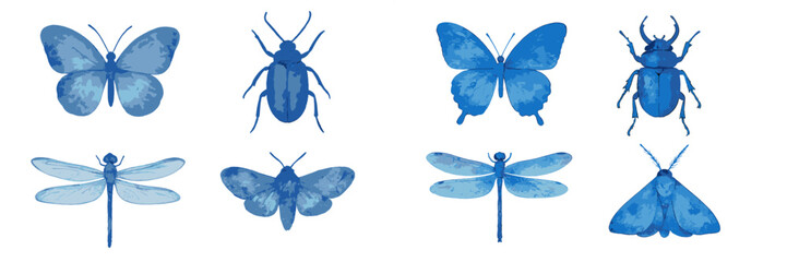 Assortment of blue watercolor style insects including butterflies, beetles, dragonflies, and moths on white background
