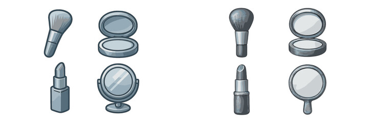 Collection of makeup tools and cosmetic accessories including brushes, compacts, lipsticks, and mirrors in two distinct styles
