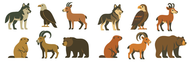 Diverse wild animal characters including wolves, eagles, chamois, marmots, and bears in a flat design style