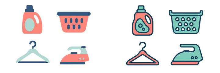 Collection of household laundry items including detergent, basket, hanger, and iron in flat and outline styles