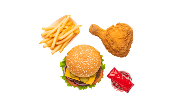 Fast food layout display. Top view of a burger with fried potatoes and chicken

