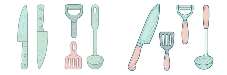 Assortment of essential kitchen utensils including knives, peelers, spatulas, and ladles for cooking
