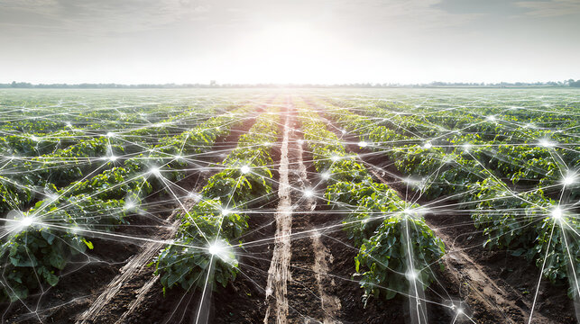 Agricultural field with digital network overlay representing smart farming technology - Powered by Adobe