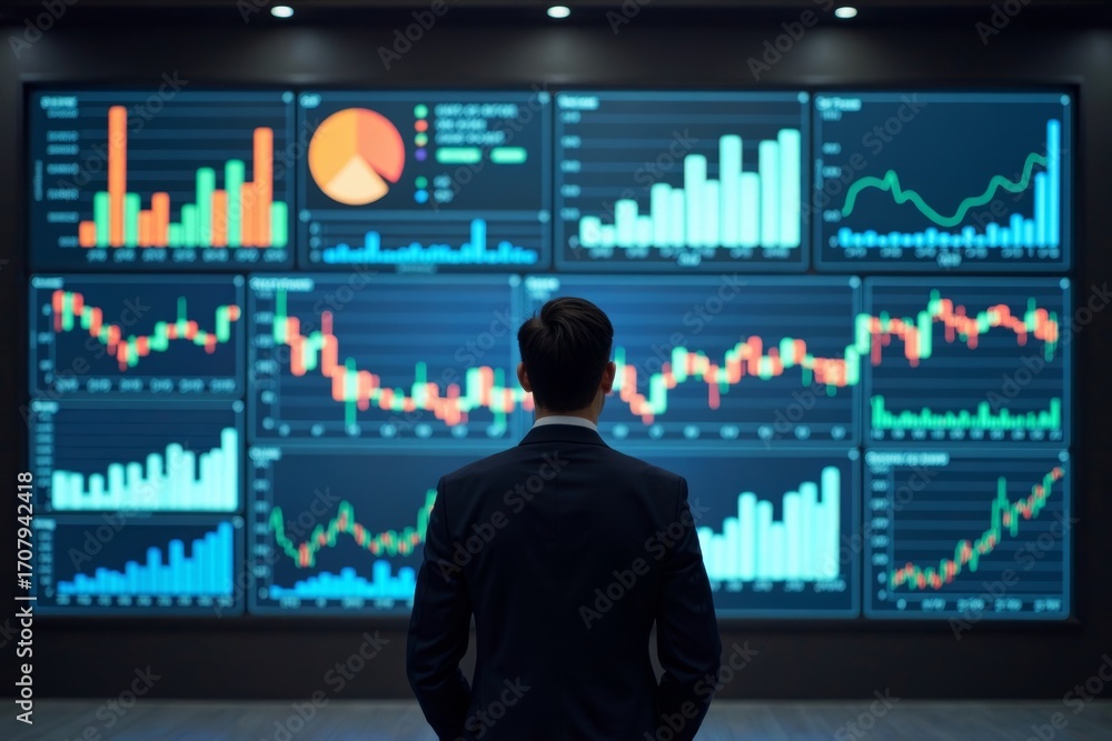 Poster Businessman in front of digital screens displaying graphs and data points