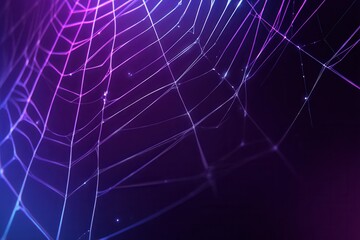 Naklejka premium A close-up view of a spider web with a gradient of purple and blue colors. The web is intricately woven with glistening dew drops reflecting light.