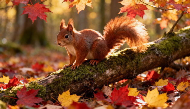 Red squirrel in autumn forest. Cute eurasian red squirrel, sciurus vulgaris, perched on mossy log. Wild rodent in fall nature with colorful red and yellow maple leaves.