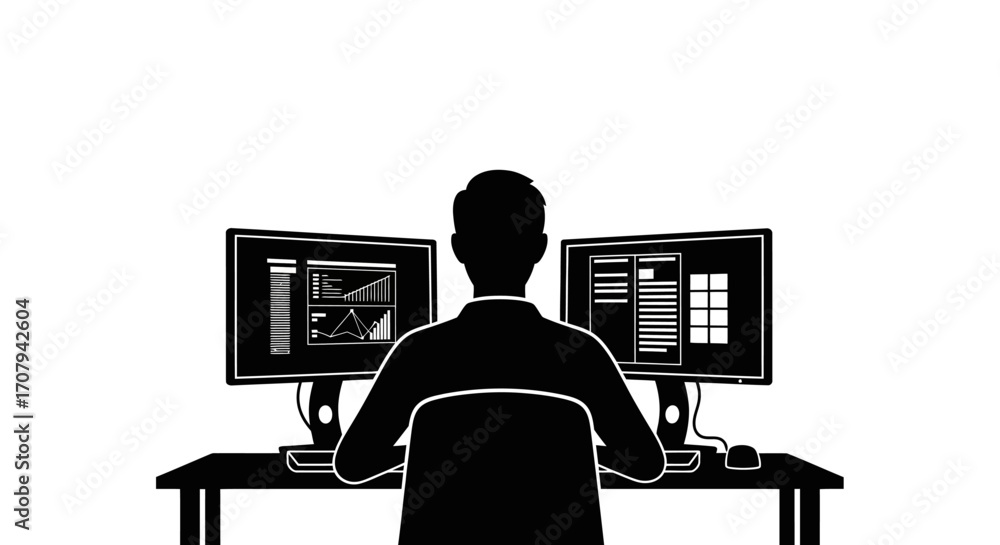 Aufkleber a person sits at a desk, working intently on dual computer monitors displaying data and software int
