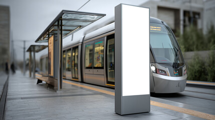 Station de tramway moderne avec panneau d'information vierge
