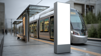 Station de tramway moderne avec panneau d'information vierge