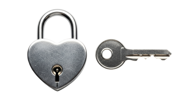 Isolated Heart-shaped padlock and a key for Valentine's Day and love concepts.