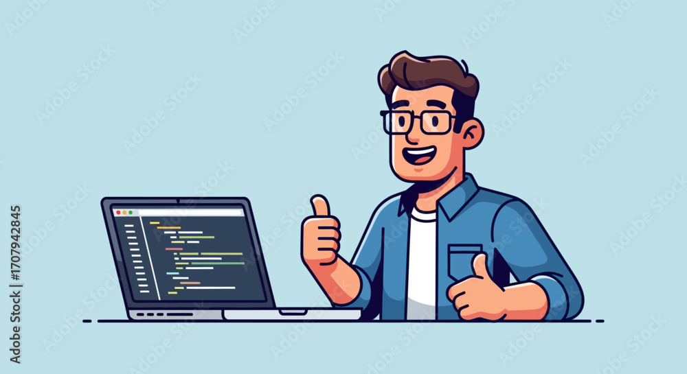 Fototapete happy programmer giving thumbs up, successful coding project completion, laptop screen shows code.