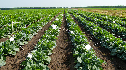 Rows of leafy green crops in a cultivated field with digital network overlays indicating smart agriculture monitoring