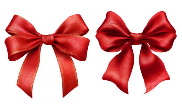  red ribbon bow decoration isolated on a transparent background, cutout png file. two different styles of the same color red ribbon bow.