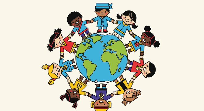 Diverse children holding hands around the world, promoting unity and global friendship