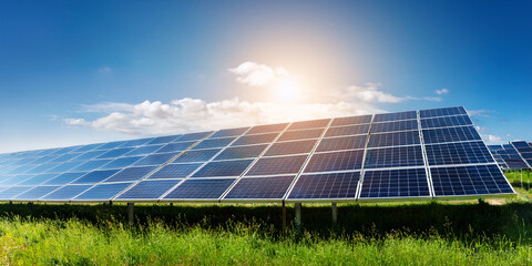 Solar panels field with green energy concept