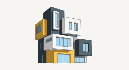 Fototapeta premium Modern architectural design showcasing stacked geometric building structures with vibrant colors and windows.