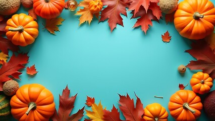 An overhead shot of a vibrant blue surface decorated with a border of bright orange pumpkins, gourds, and colorful autumn leaves. The arrangement creates a festive, seasonal frame with a large, empty 