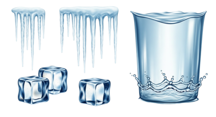 Glistening ice cubes and melting icicles evoke a refreshing coolness besides a water glass on transparent background