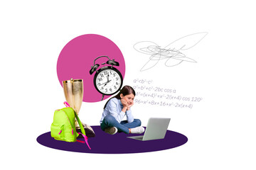 Composite photo collage of happy preteen girl surf laptop elern concept backpack alarm golden cup supplies isolated on painted background