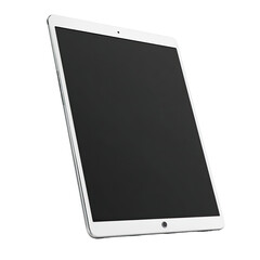 A white tablet computer angled to the right, displaying a black screen