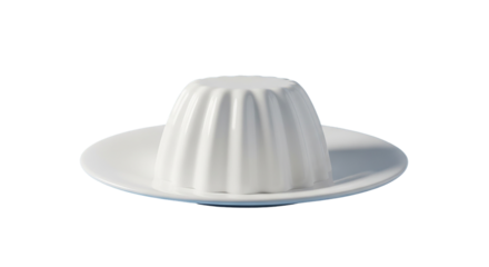 Elegant vanilla pudding resting on a pristine white dish illuminated by a soft overhead light on transparent background