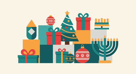 Multicultural Winter Holiday Icons Illustration with Festive Symbols.