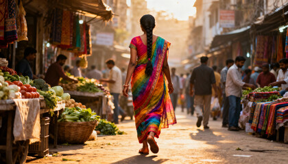 Indian woman from behind in a vibrant, colorful rainbow sari walking through a bustling street market at sunset. Authentic daily life, travel and culture in a busy Asian city.