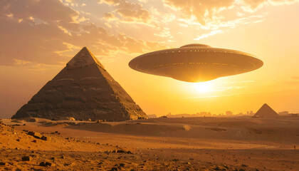 Enormous disc-shaped spaceship casting a giant shadow over the pyramids, golden sunset in the background, dramatic cinematic shot