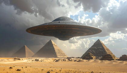 Huge metallic UFO with intricate patterns floating silently above the pyramids, storm clouds forming around it, cinematic tension