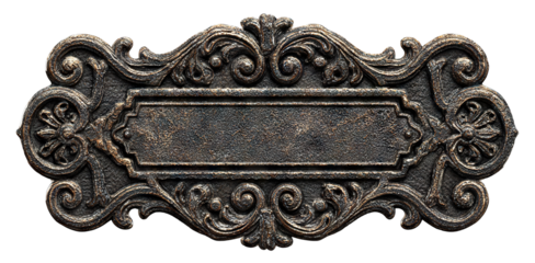 Ornate black iron nameplate with embossed floral and swirl design, isolated on transparent background
