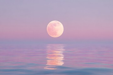 Pink moon over pastel water ocean reflection