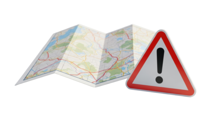 Isolated unfolded road map, warning sign cautioning of potential road hazards ahead