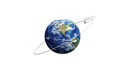 Isolated World travel concept showing a paper airplane orbiting around the Earth globe