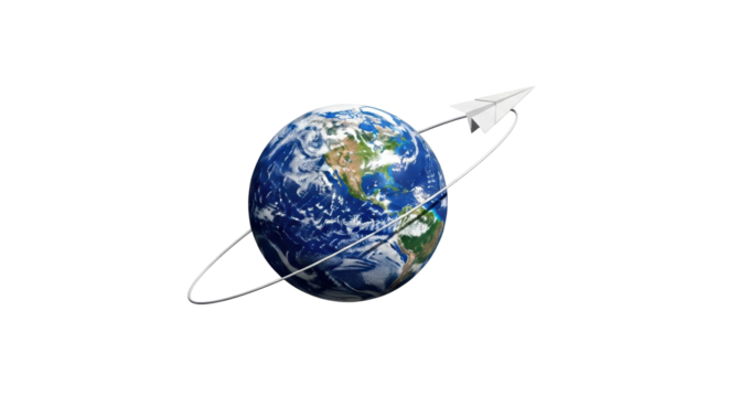 Isolated World travel concept showing a paper airplane orbiting around the Earth globe