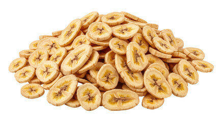 Isolated pile of dried banana chips, healthy snack food, tropical fruit slices, light snack