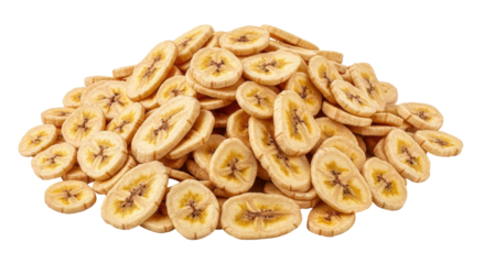 Isolated pile of dried banana chips, healthy snack food, tropical fruit slices, light snack