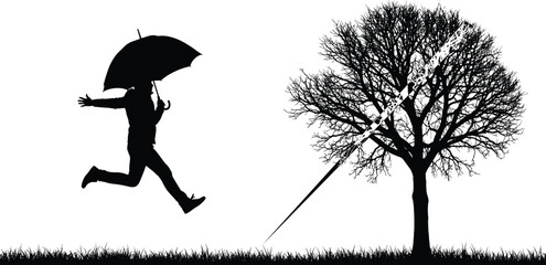 Surreal silhouette of person with umbrella, giant scissors in tree, symbolic escape, dramatic contrast, conceptual vector art for emotional stock content