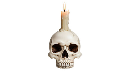 Isolated skull candle holder with burning wick, Halloween decorative candle ornament