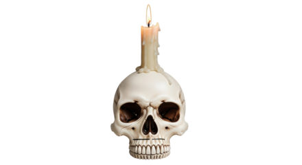 Isolated skull candle holder with burning wick, Halloween decorative candle ornament