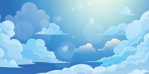 Sky with Clouds illustration in flat style. Sky and clouds background. Cloudy vector cartoon illustration in blue color.