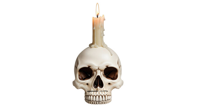 Isolated skull candle holder with burning wick, Halloween decorative candle ornament - Powered by Adobe