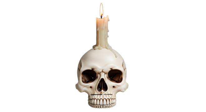 Isolated skull candle holder with burning wick, Halloween decorative candle ornament