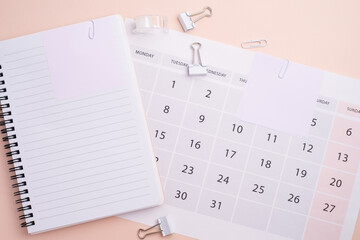 Monthly calendar. Calendar with date on paper. Day planner. Schedule of the week, month and year. Modern organizer. Business diary. Deadline reminder. Daily event management. Template and grid