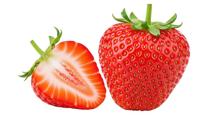 Isolated two whole, half strawberry fruit berry freshness red healthy food nutrition