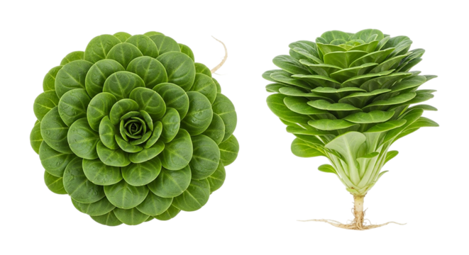 Lush green rosettes and a striking bok choy seedling symbolize new beginnings against a stark on transparent background